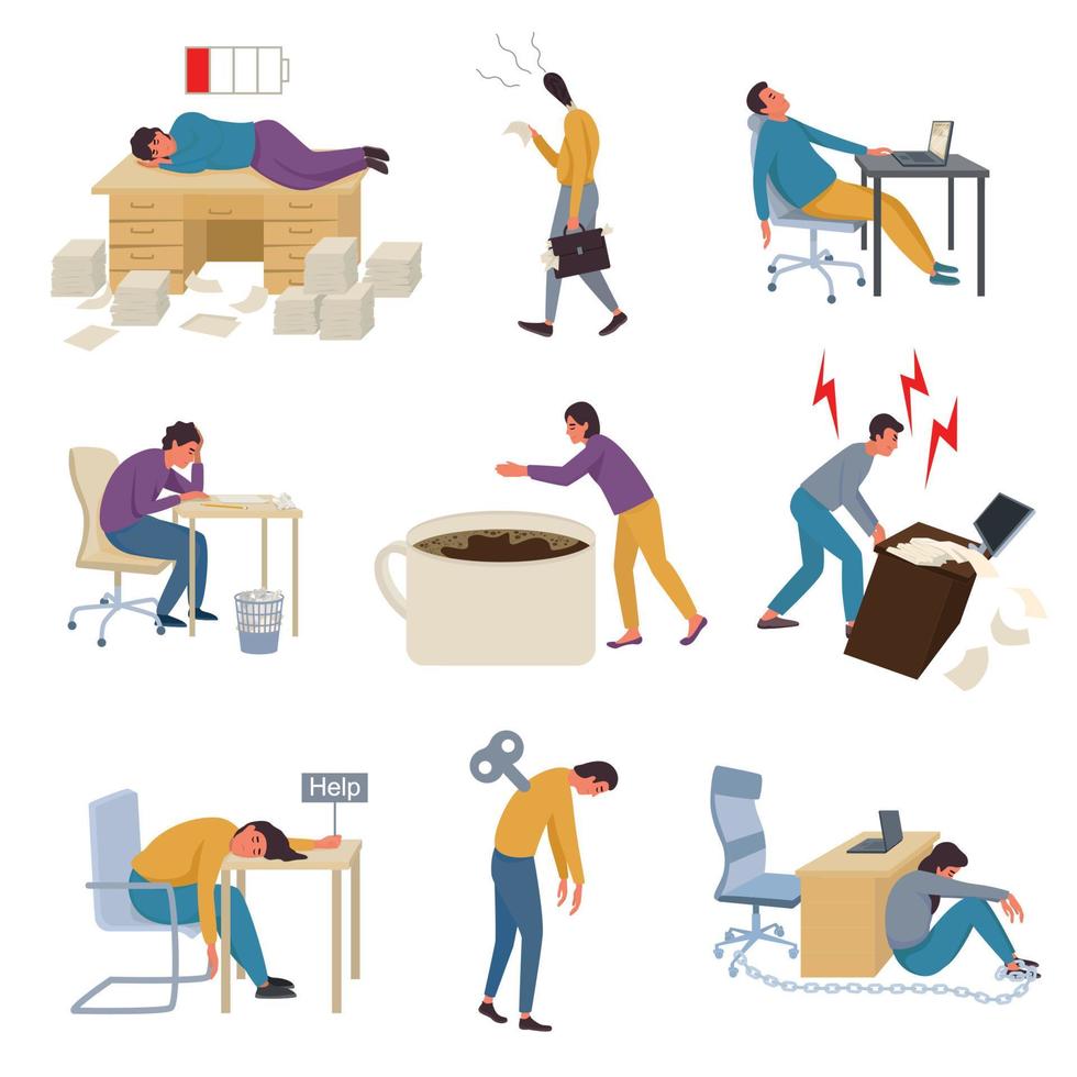 Professional Burnout Syndrome Flat Set vector