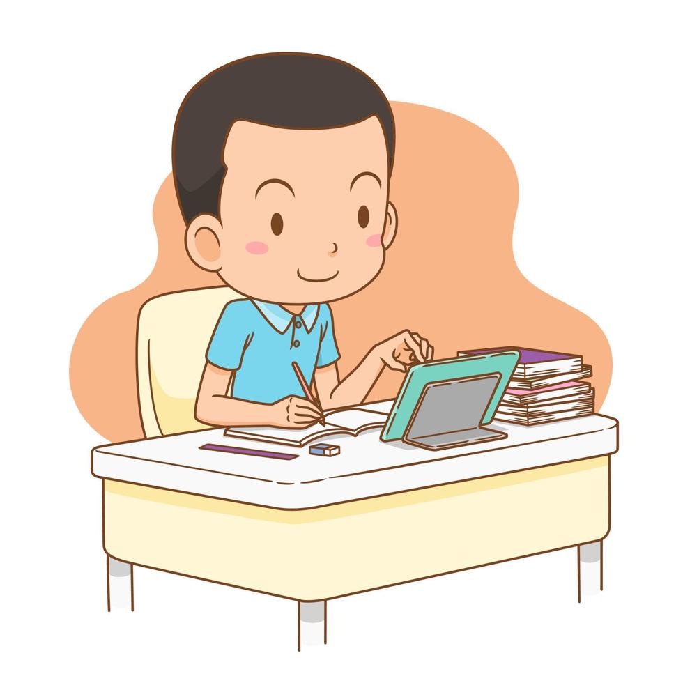 Ilustración de dibujos animados de un niño estudiando en línea desde casa.  4903085 Vector en Vecteezy