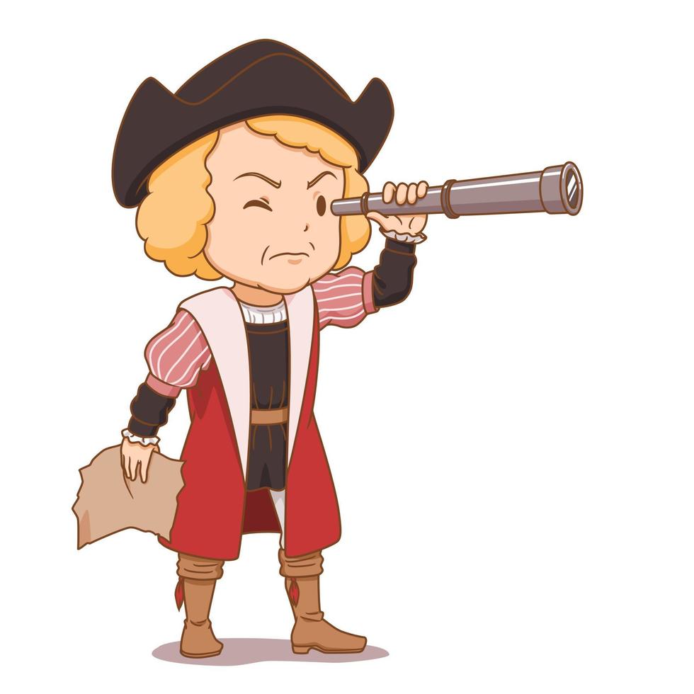 Cartoon character of Christopher Columbus holding telescope. Columbus day. vector