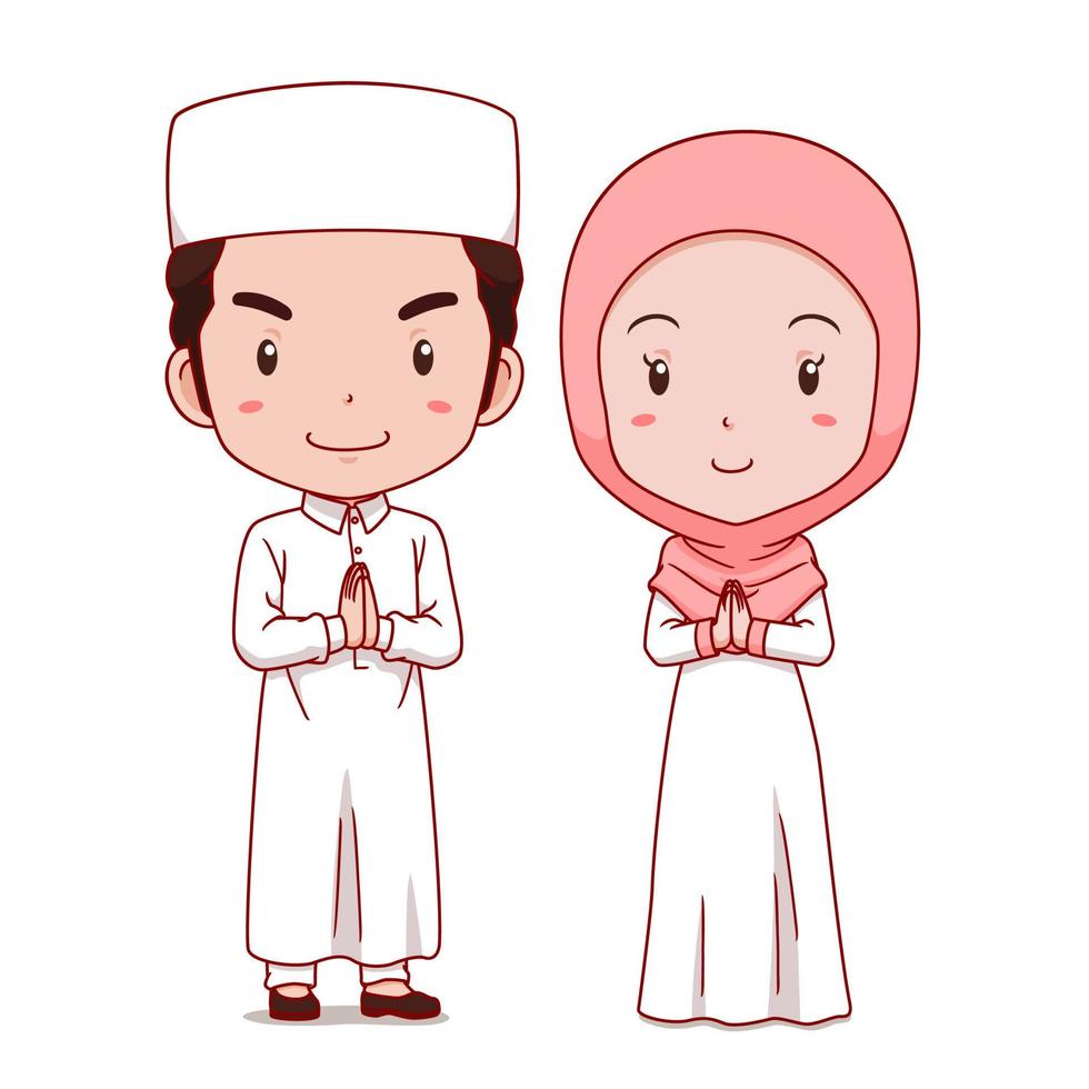 Caricatura linda pareja de musulmanes. vector