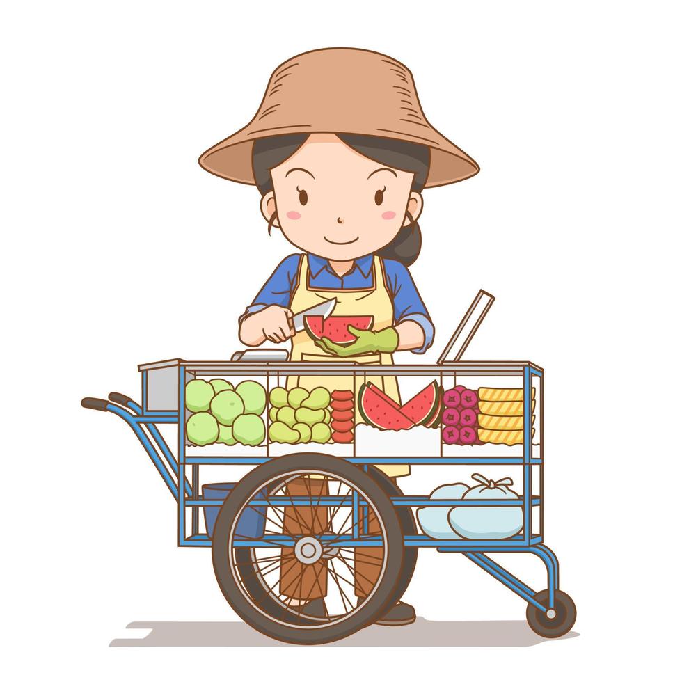 Ilustración de dibujos animados de vendedor ambulante de fruta fresca tailandesa. vector