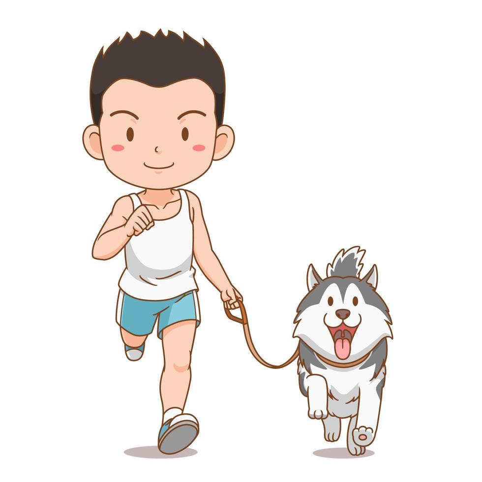 personaje de dibujos animados de niño corriendo con perro husky siberiano. vector