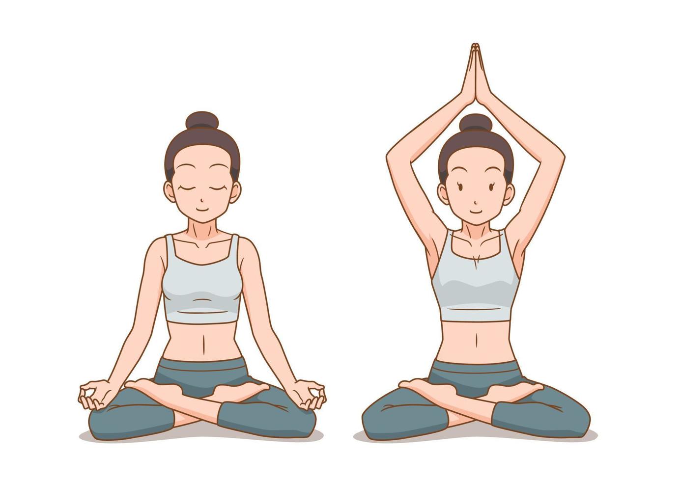 Ilustración de dibujos animados de mujer hacer yoga en posición de loto o pose de meditación sentada con las piernas cruzadas. vector