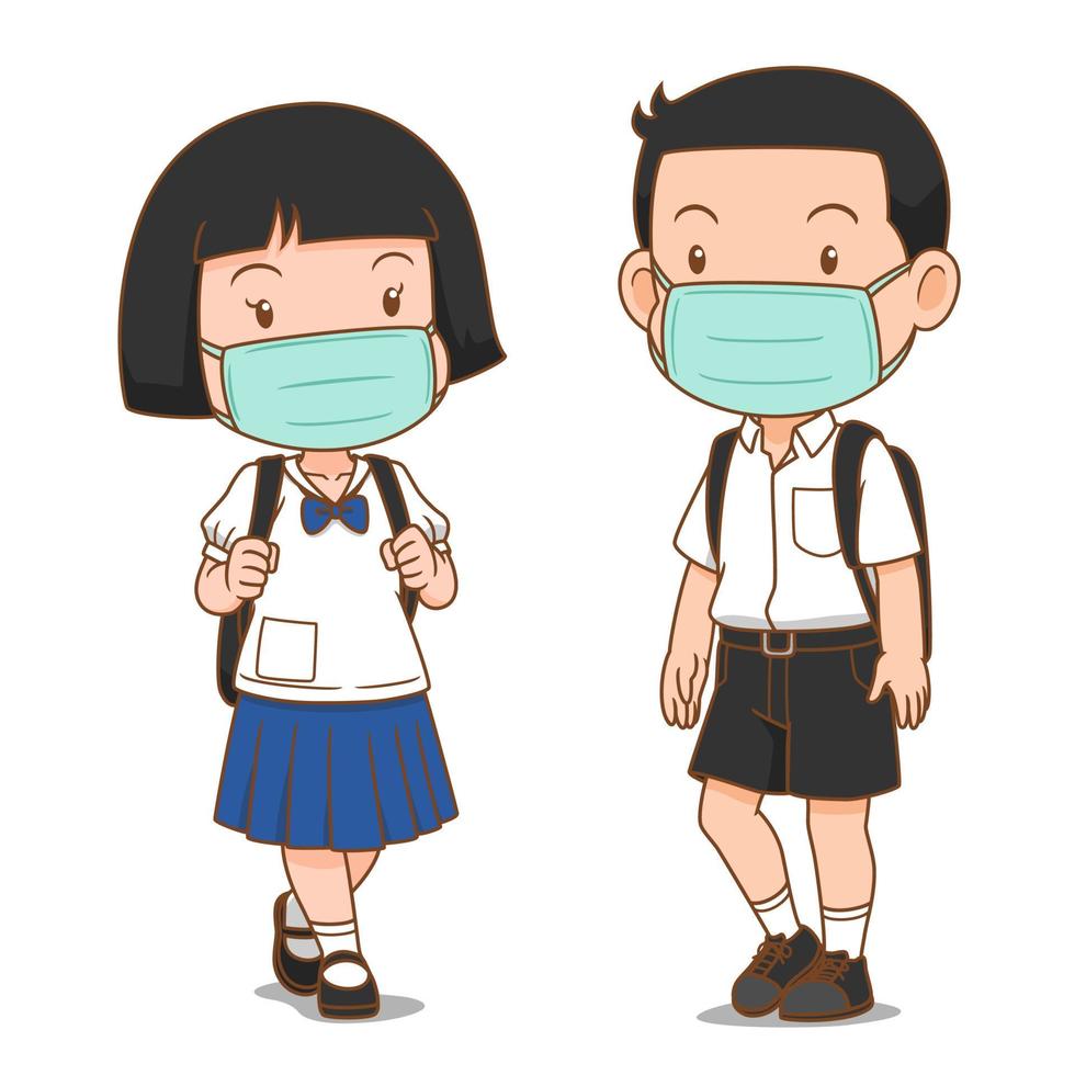 Cartoon character of junior high school student Boy and Girl wearing hygienic mask. vector