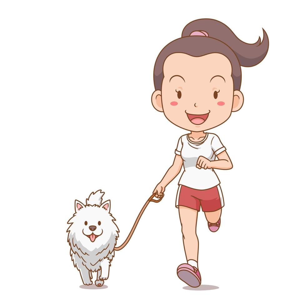 personaje de dibujos animados de niña corriendo con perro pomerania. vector
