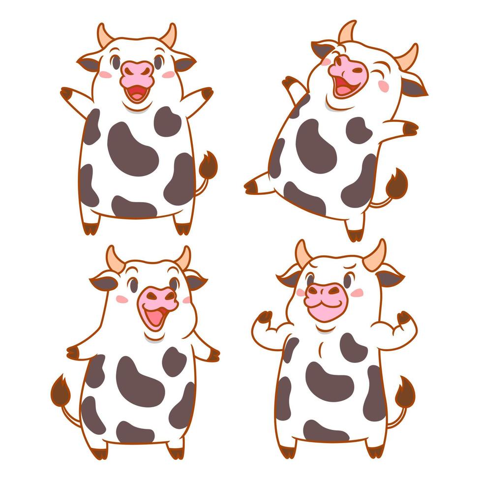Set of cute cartoon cows in different poses. vector