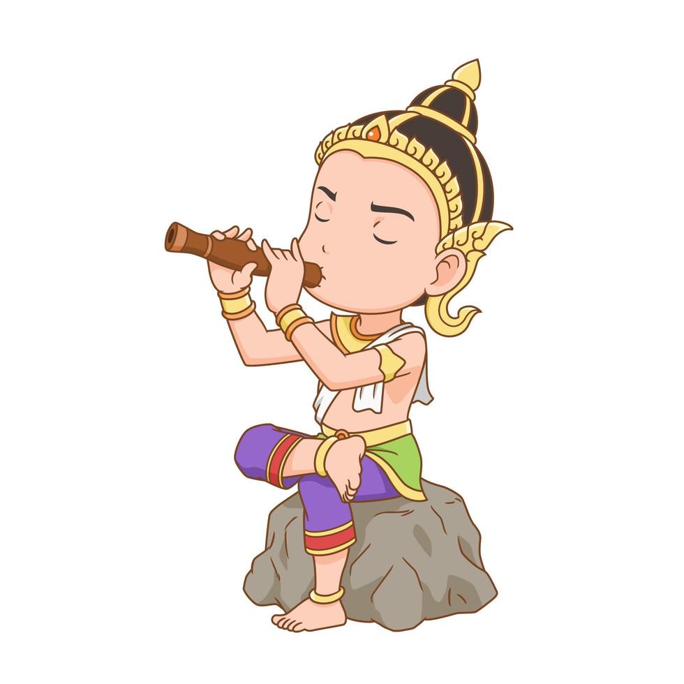 Cartoon character of a man playing Thai oboe, dressing Thai traditional costume. vector