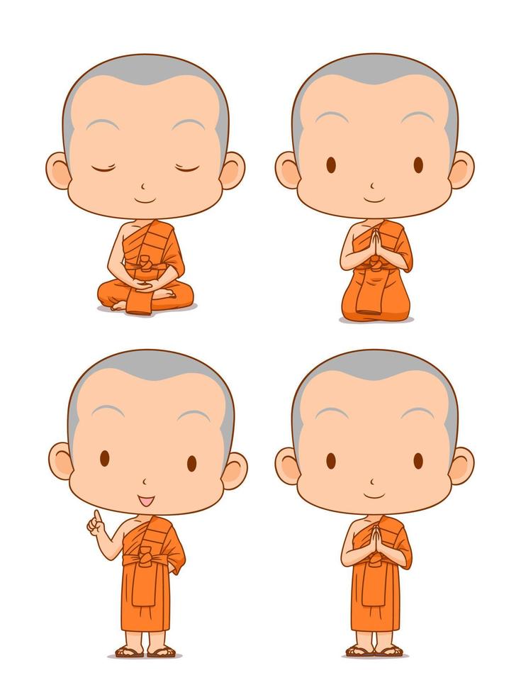 Cartoon character of Buddhist monks in different poses. vector