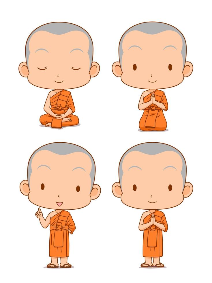 personaje de dibujos animados de monjes budistas en diferentes poses. vector