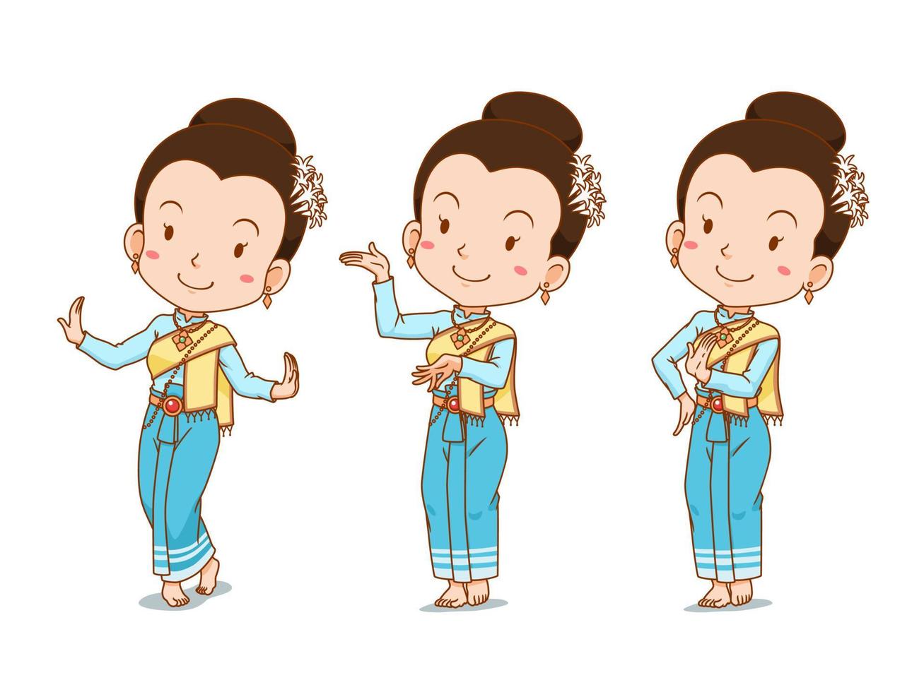 personaje de dibujos animados de la bailarina tailandesa tradicional en diferentes poses. vector