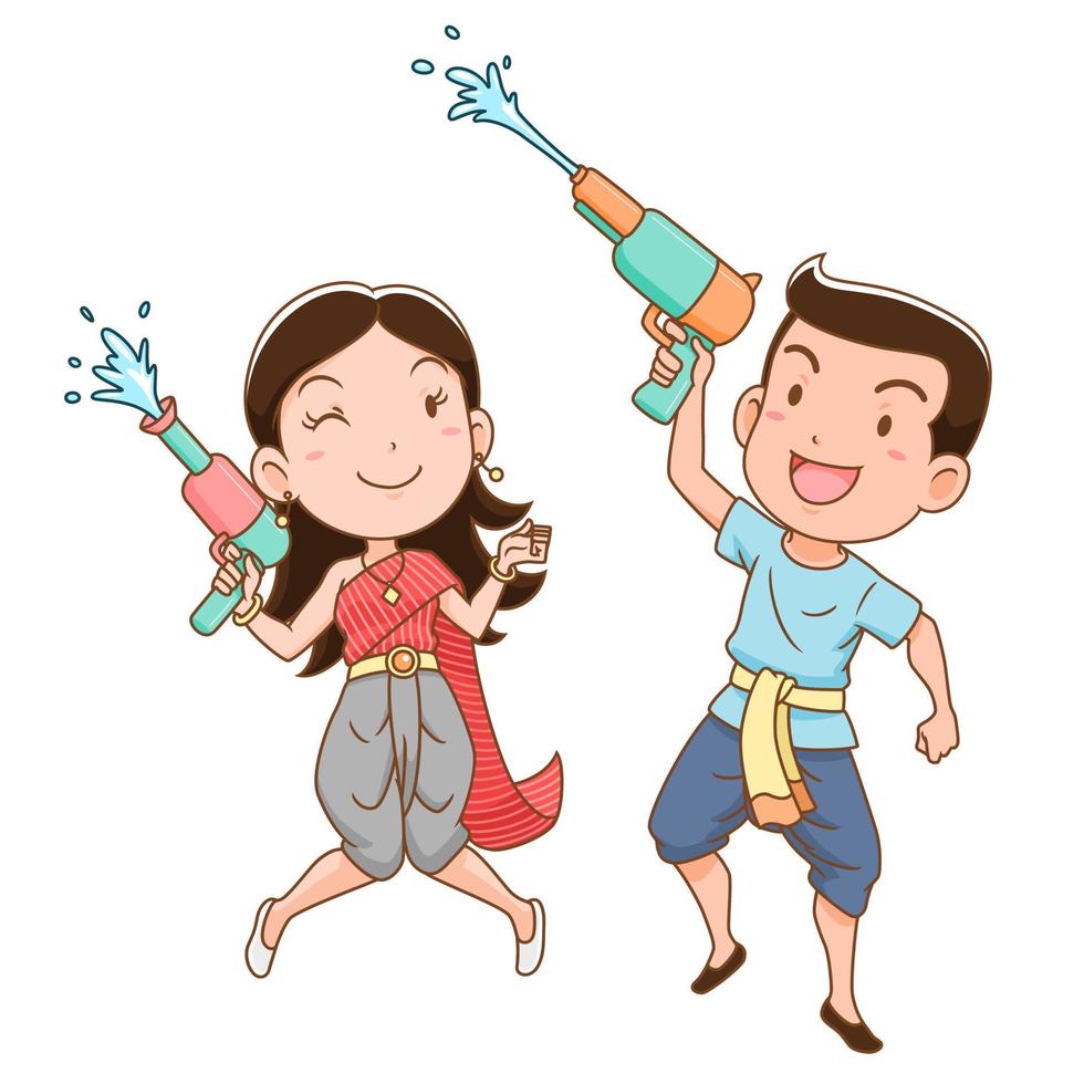 personaje de dibujos animados de un niño y una niña sosteniendo una pistola de agua en el festival Songkran, Tailandia. vector