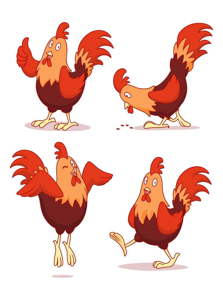 Set of cartoon chicken in different poses. vector