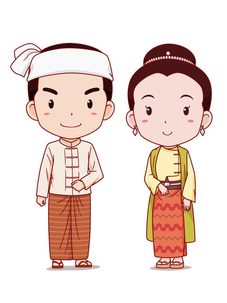 par de personajes de dibujos animados en traje tradicional de myanmar. vector