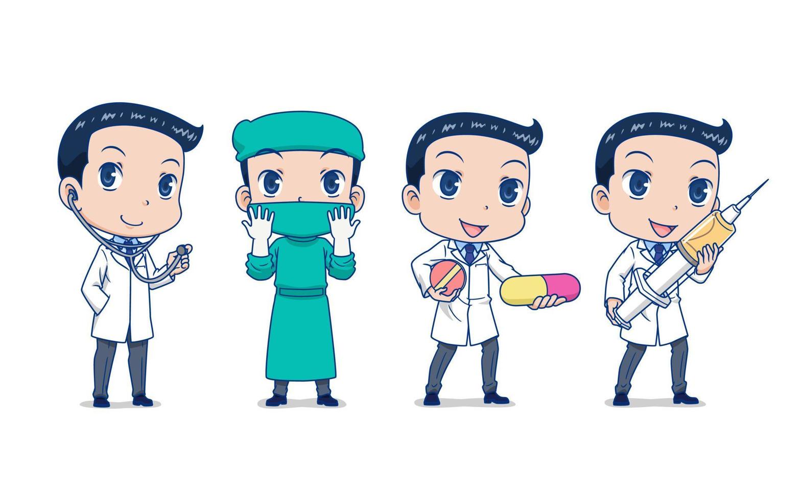 conjunto de médico de dibujos animados en diferentes poses. vector