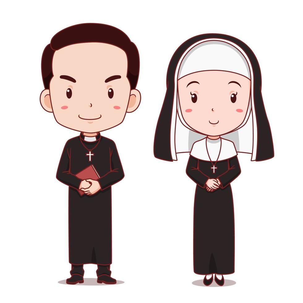 personaje de dibujos animados del sacerdote católico y de la monja. vector