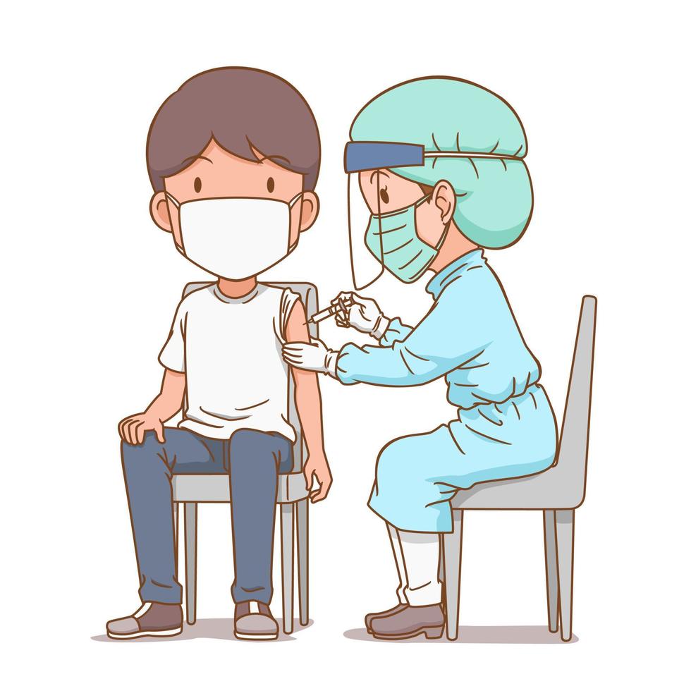 Cartoon illustration of nurse giving an injection to a man. vector