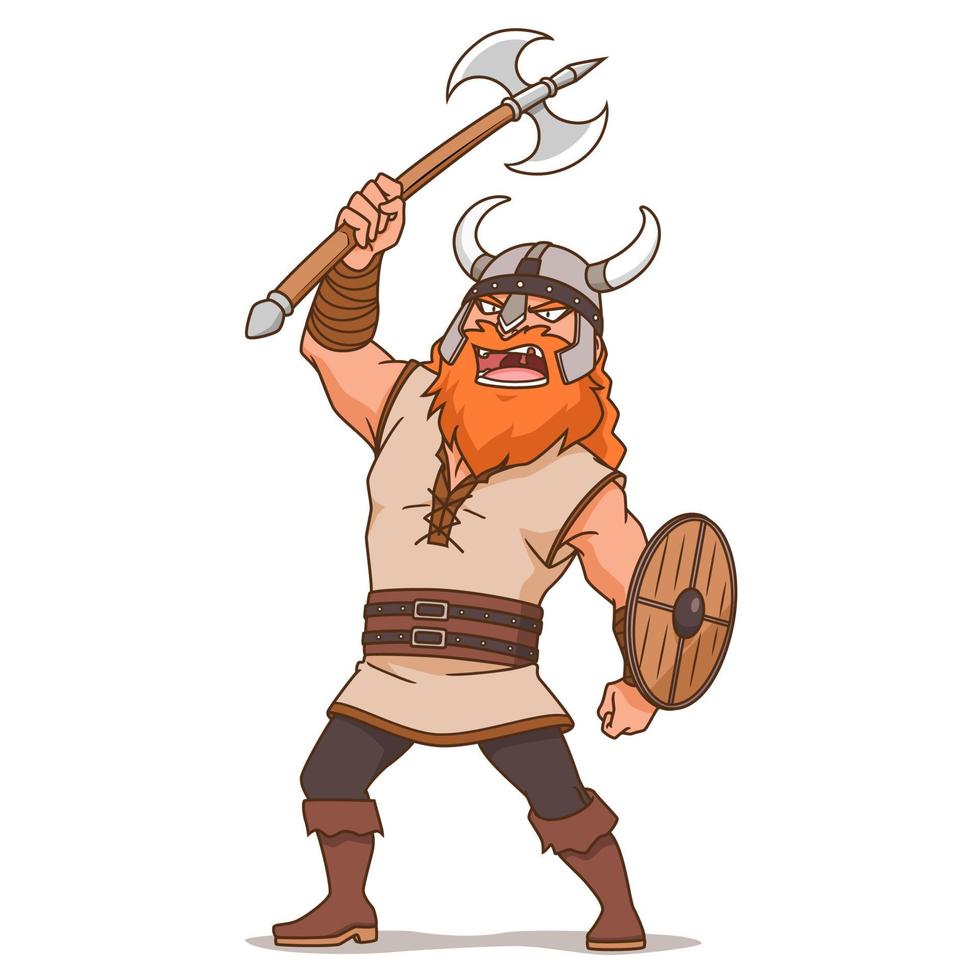 personaje de dibujos animados de hombre vikingo con hacha. vector