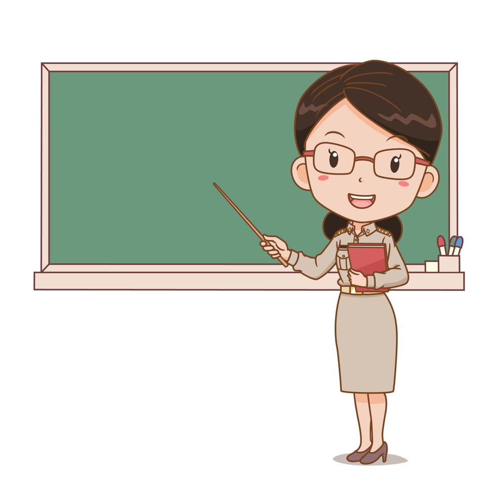 Cartoon illustration of Thai female teacher holding a stick in front of blackboard. vector