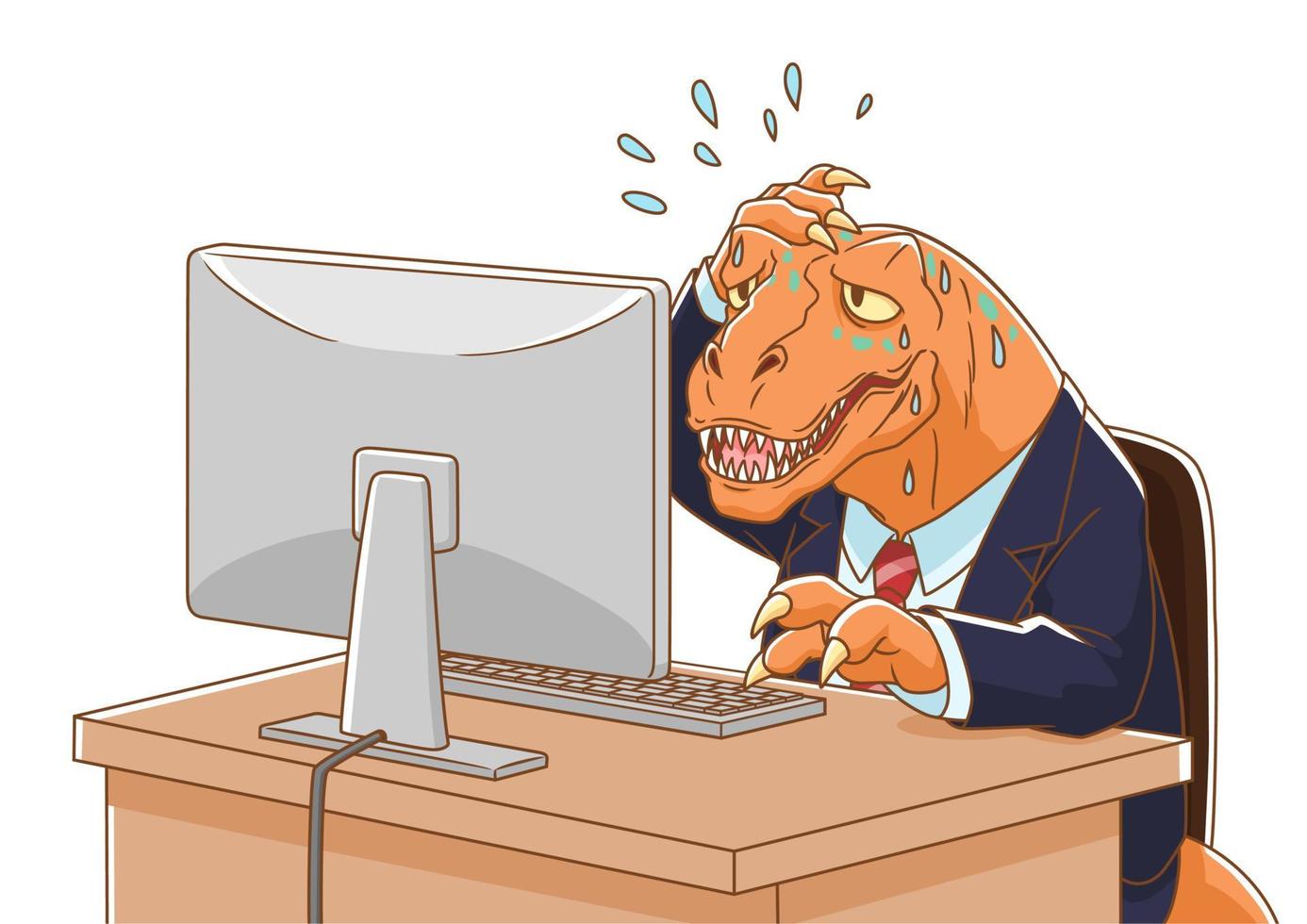 Cartoon illustration of Dinosaur wearing suit working with computer. vector