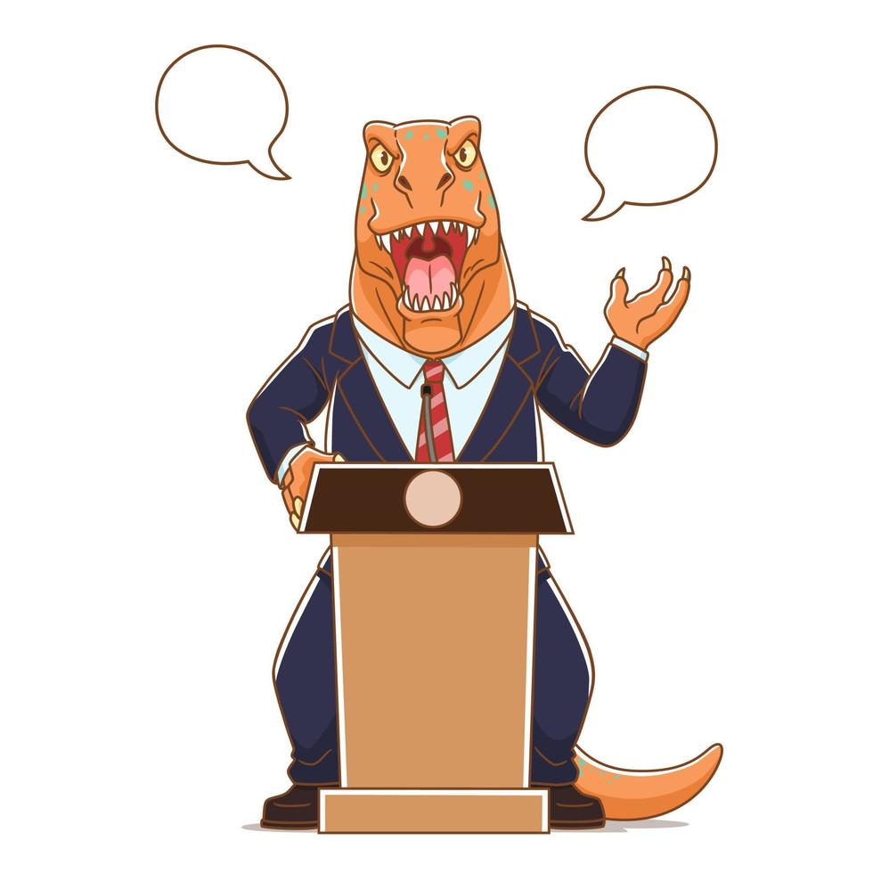 Cartoon illustration of Dinosaurs wearing suits talking on podium. vector