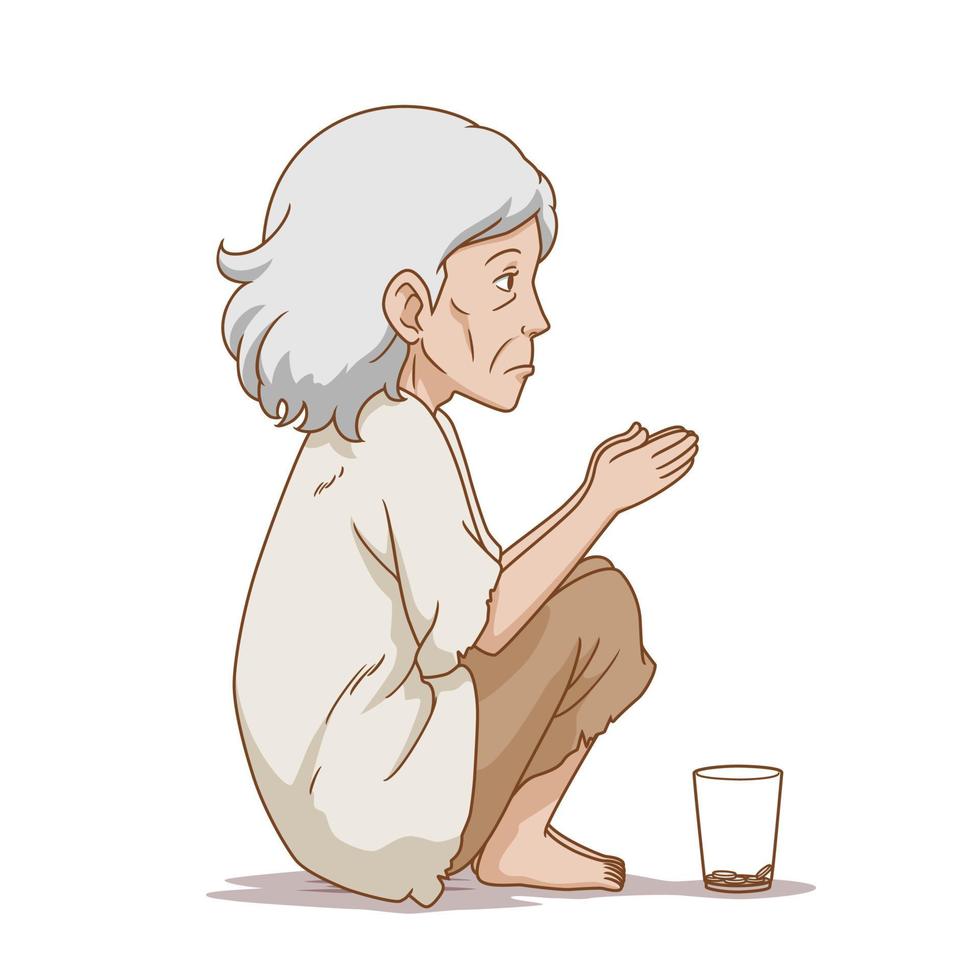 Cartoon illustration of old beggar woman sitting on ground. vector