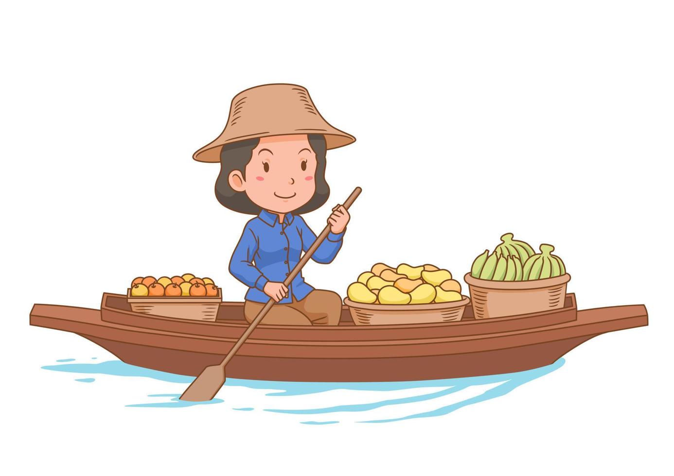 Cartoon character of floating market vendor rowing the boat. vector