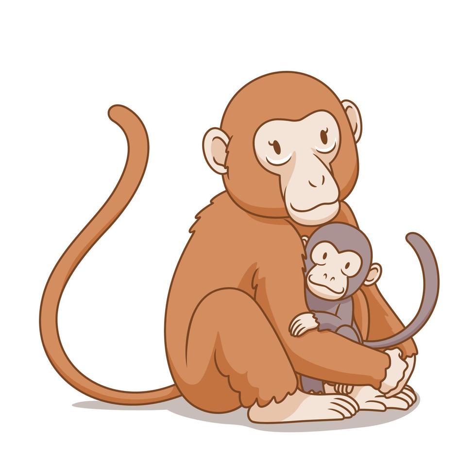Cartoon illustration of mother monkey hug the baby monkey. vector