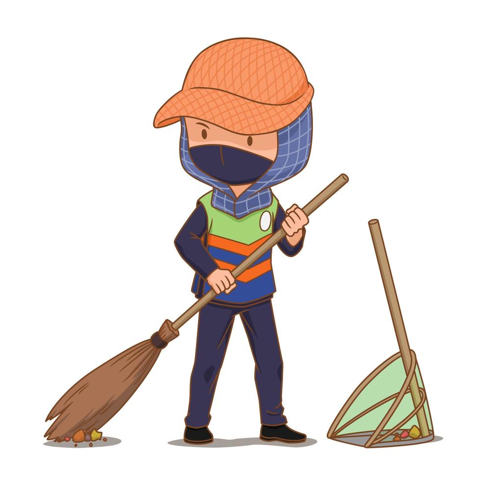 personaje de dibujos animados del limpiador de calles barriendo el piso. vector