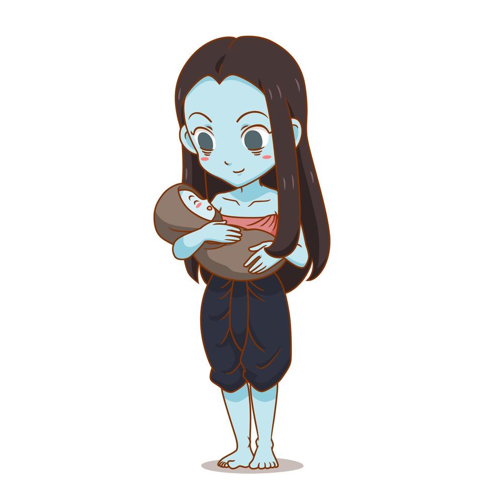 Cartoon character of Thai female ghost Carrying a child. vector