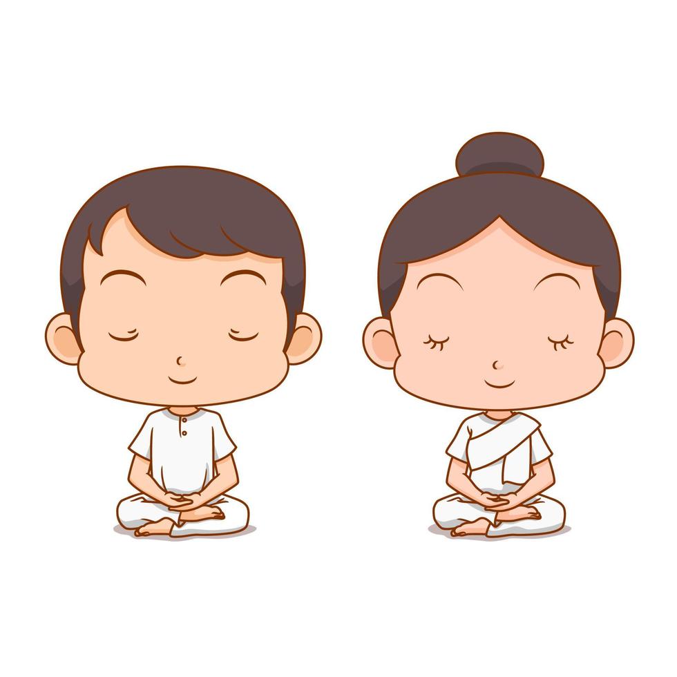 personaje de dibujos animados de niño y niña meditando en ropa blanca. vector