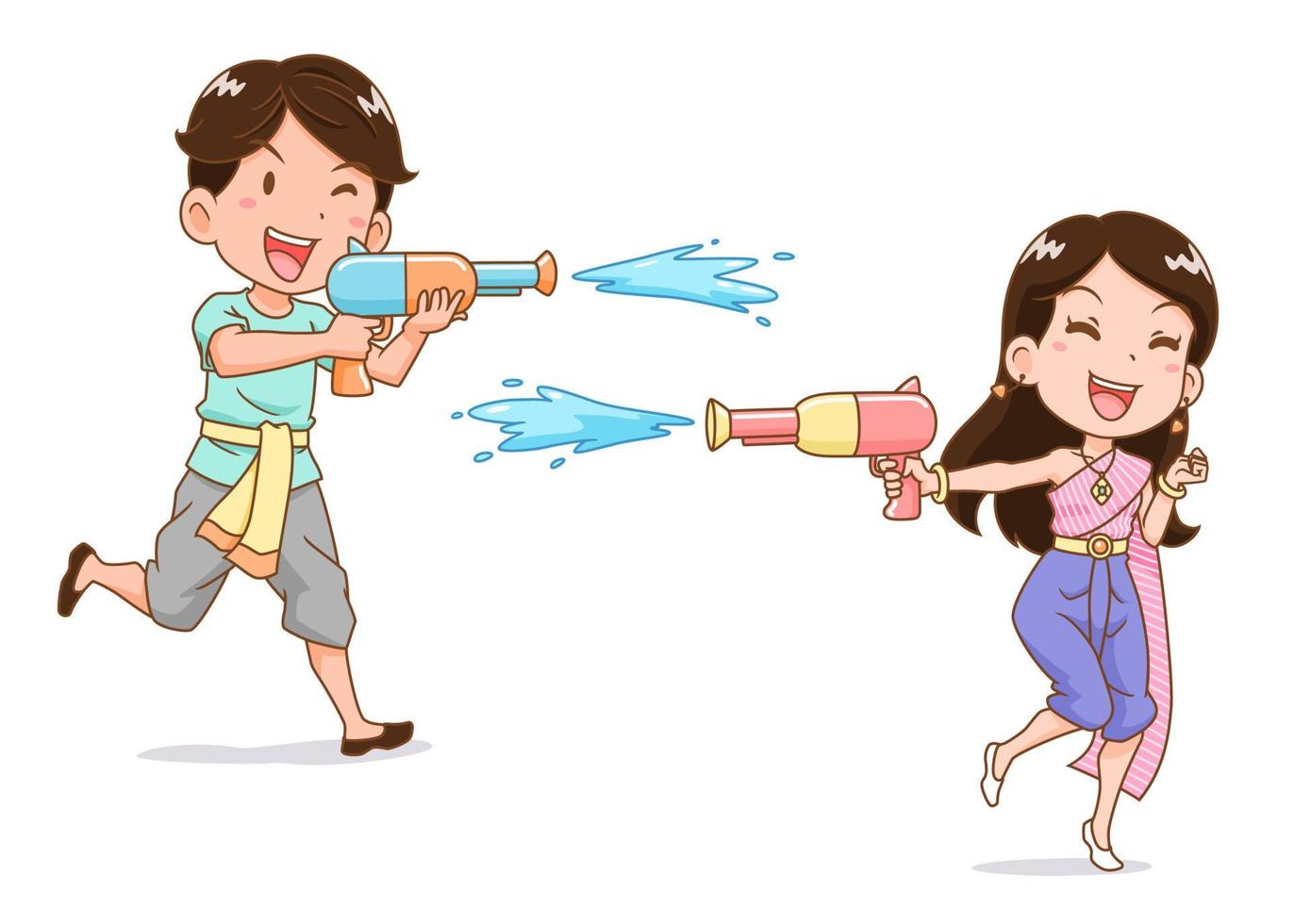 Cartoon character of boy and girl playing water gun in Songkran festival, Thailand. vector