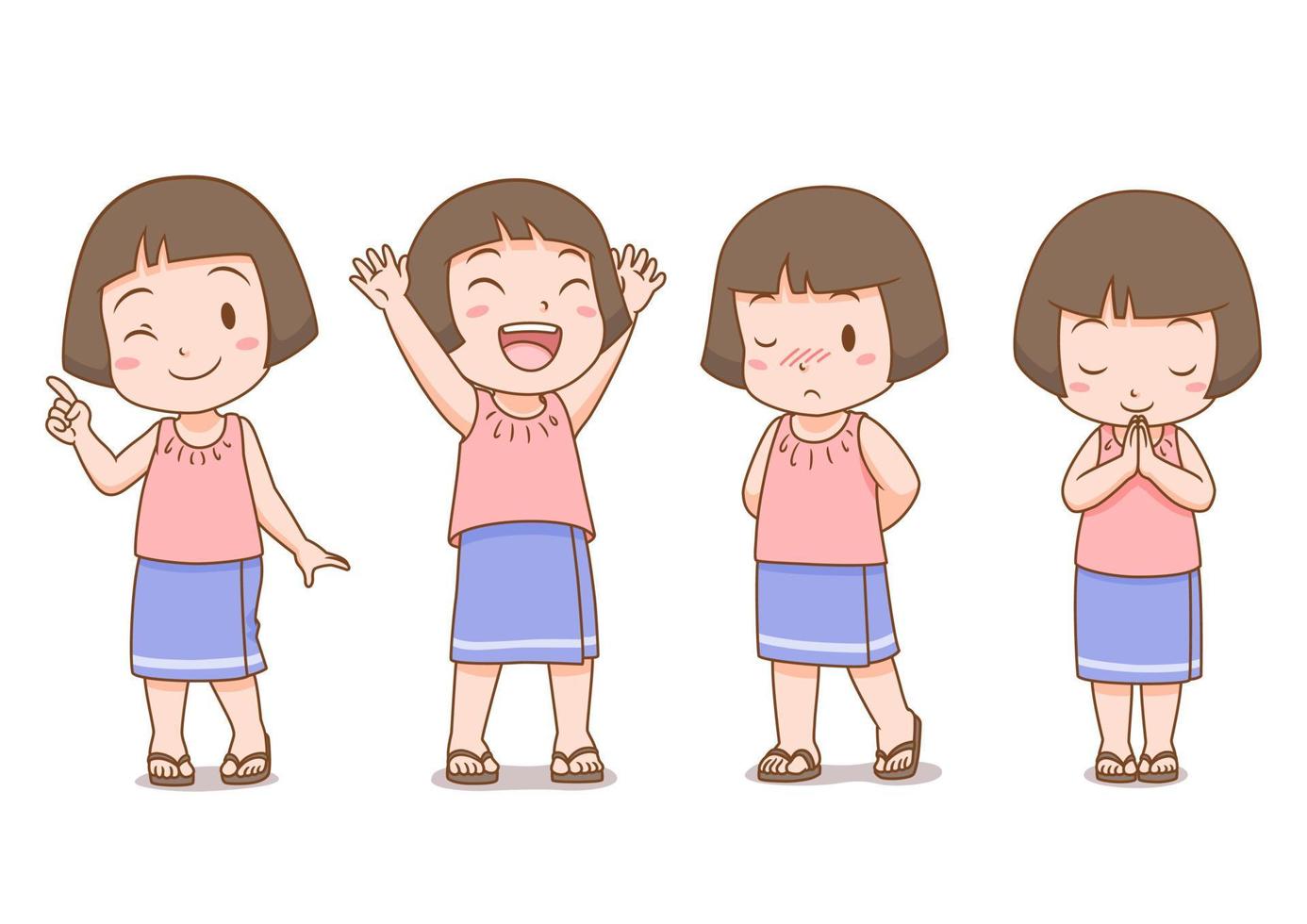 Set of cartoon cute girl in Thai folk dress in different poses. vector