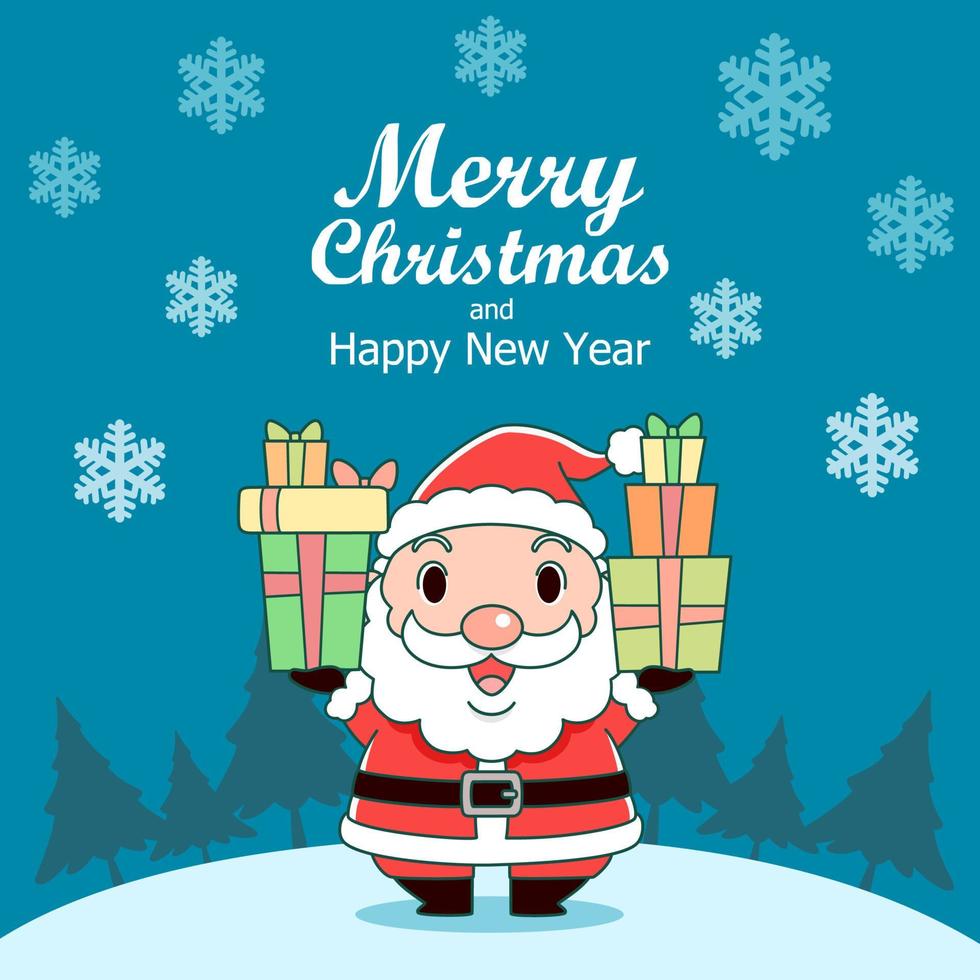Merry Christmas greeting card with Santa Claus holding gift boxes. vector