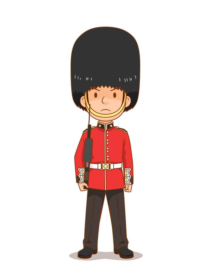 Cartoon character of British Royal Guard in traditional uniform, British soldier. vector