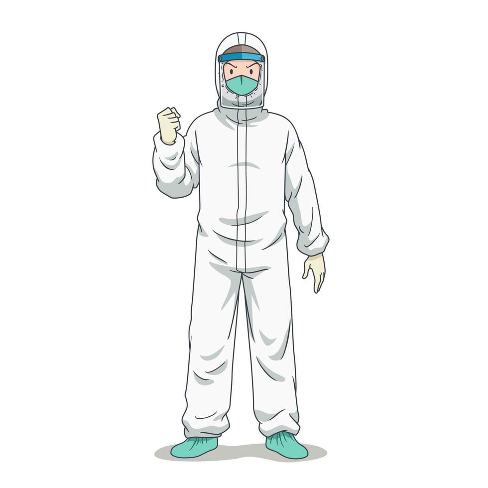 Cartoon character of doctor in safety protective clothing. vector