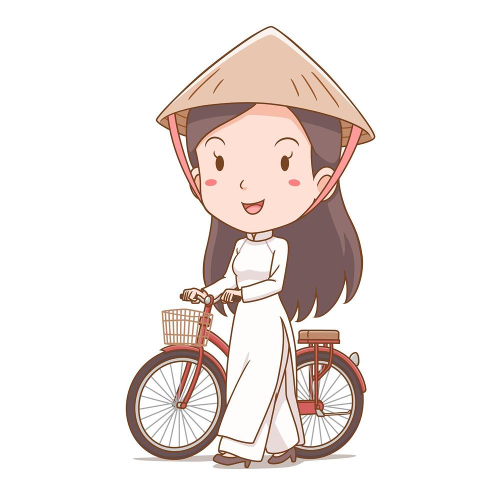 personaje de dibujos animados de niña vietnamita en traje tradicional caminando con bicicleta. vector