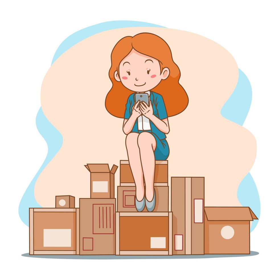 Cartoon illustration of business woman shopping online with mobile phone, sitting on pile of mail boxes. vector