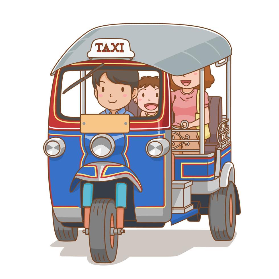 Ilustración de dibujos animados de personas que viajan en tuk tuk. vector