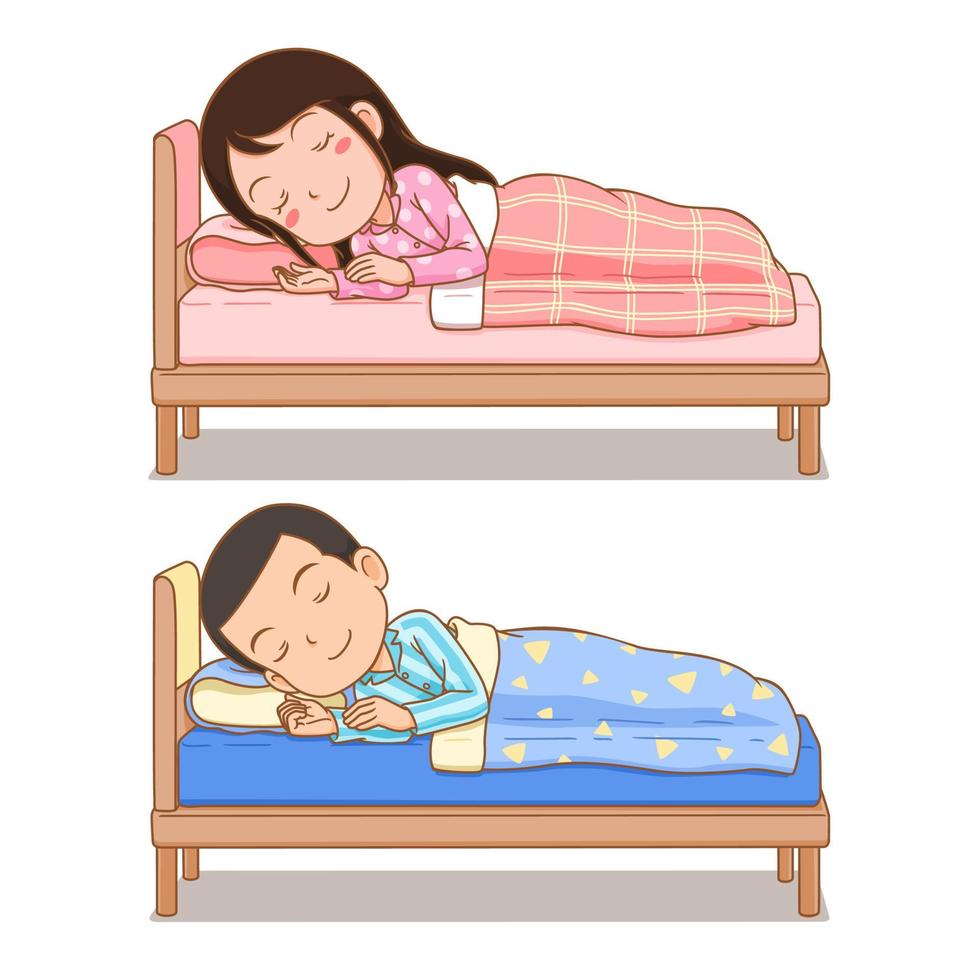 personaje de dibujos animados de niño y niña durmiendo en la cama. vector