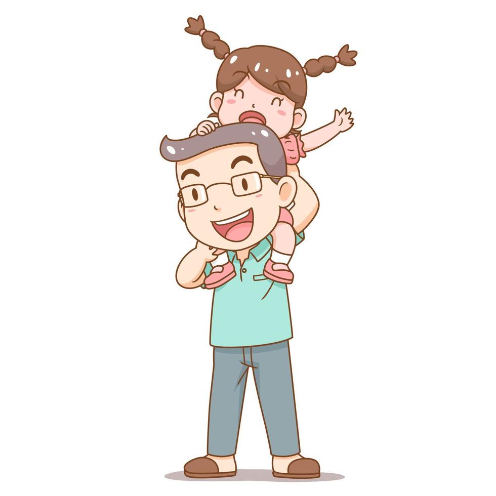 Cartoon illustration of Father's Day. Father carrying Daughter on his shoulders. vector