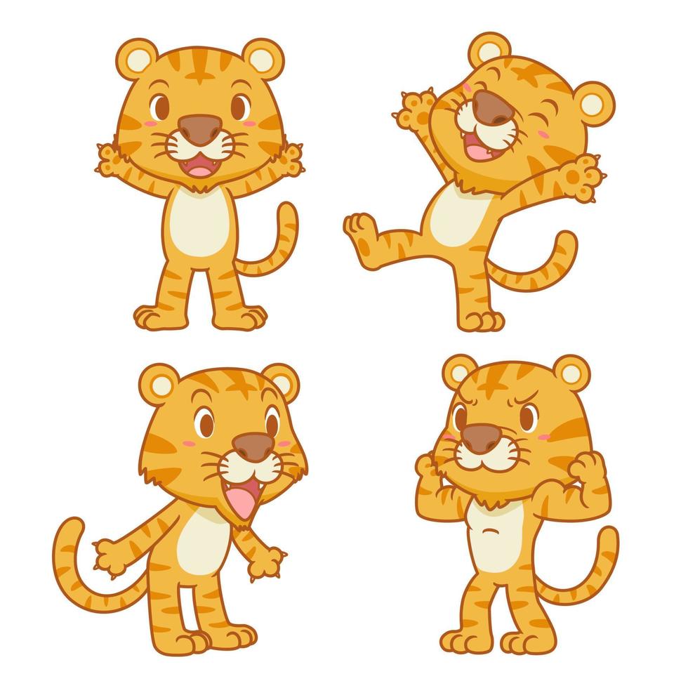 Set of cute cartoon tigers in different poses. vector
