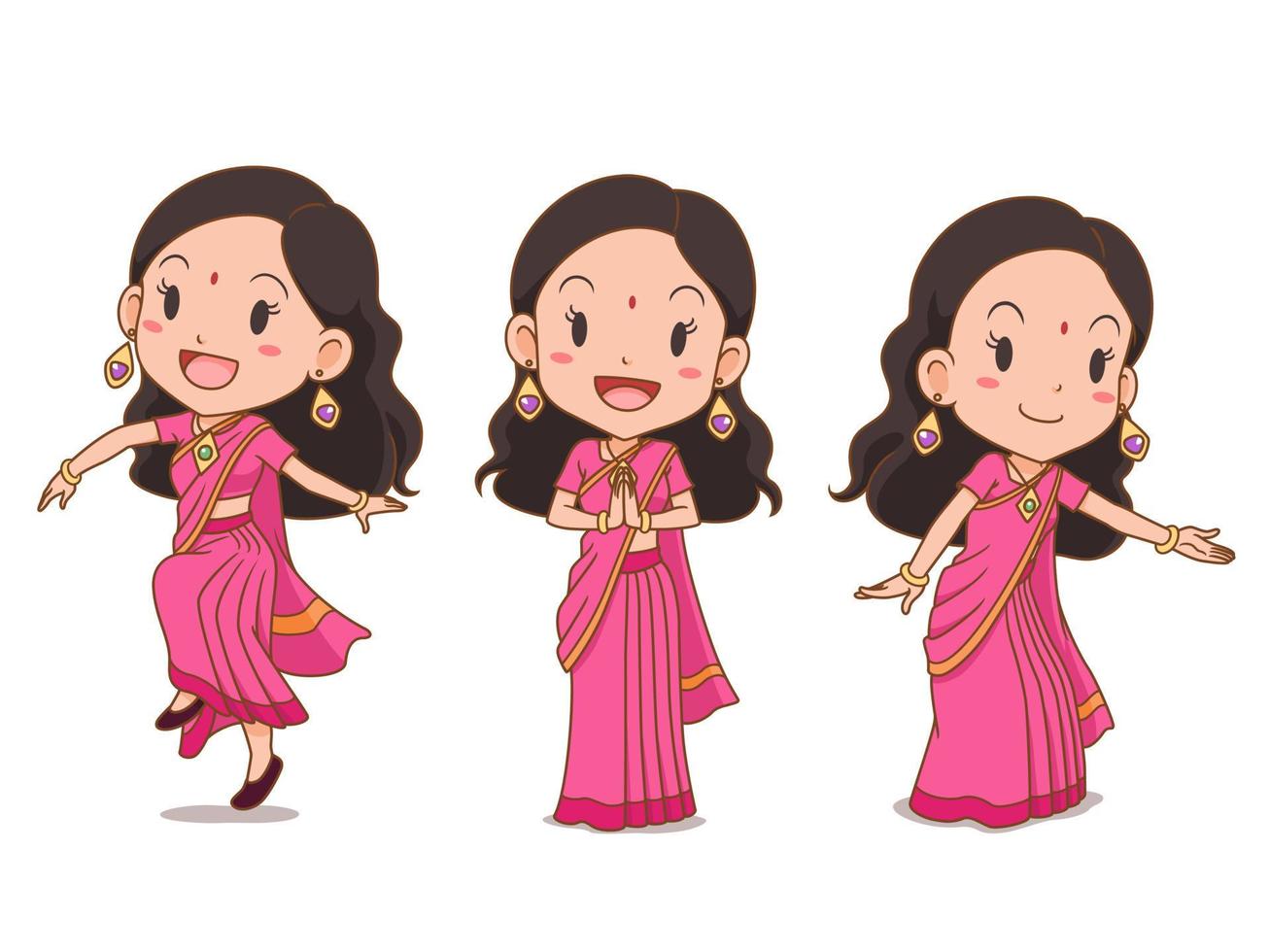 Set of cartoon Indian girl in traditional costume. vector