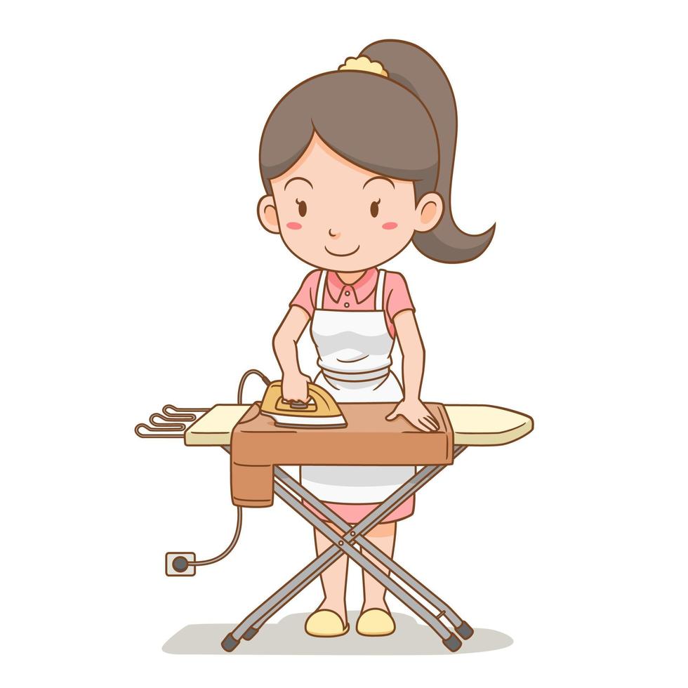 personaje de dibujos animados de ama de casa planchando la ropa en la tabla de planchar. vector