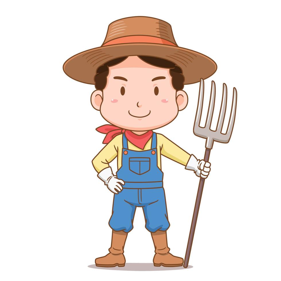 Cartoon character of farmer holding rake. vector