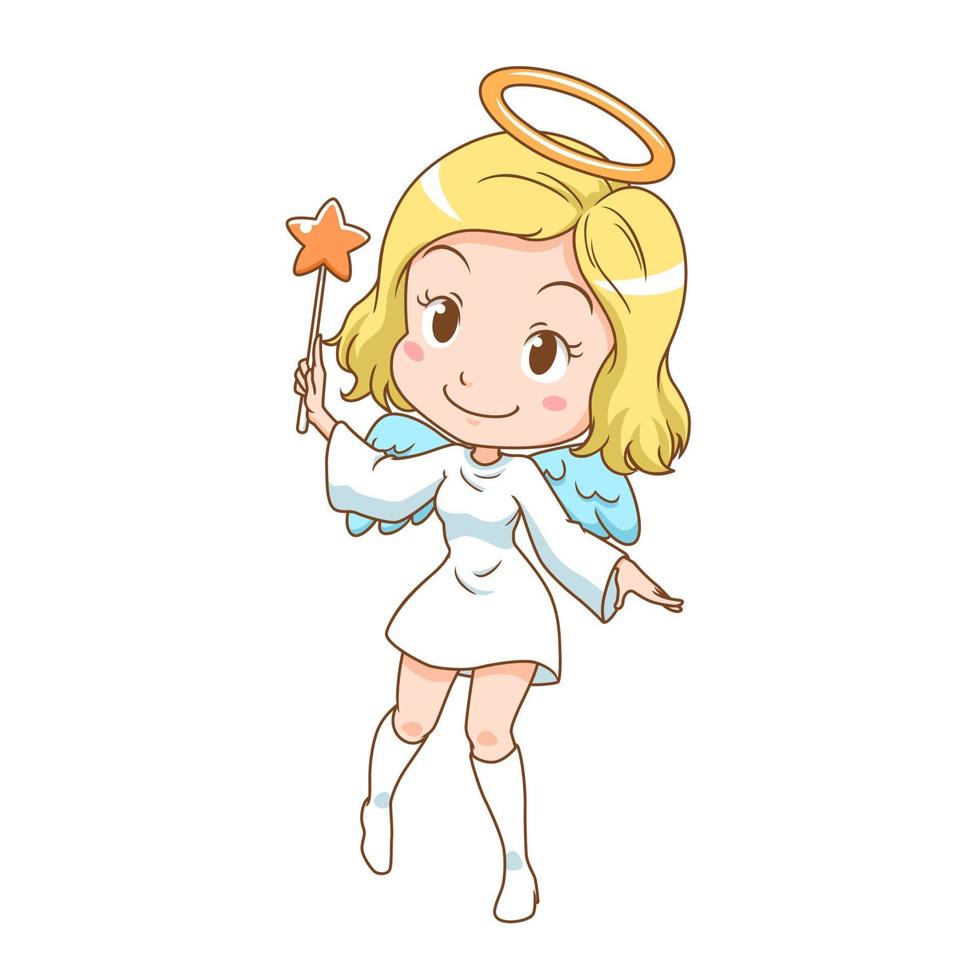 Cartoon character of cute angel holding magic wand. vector