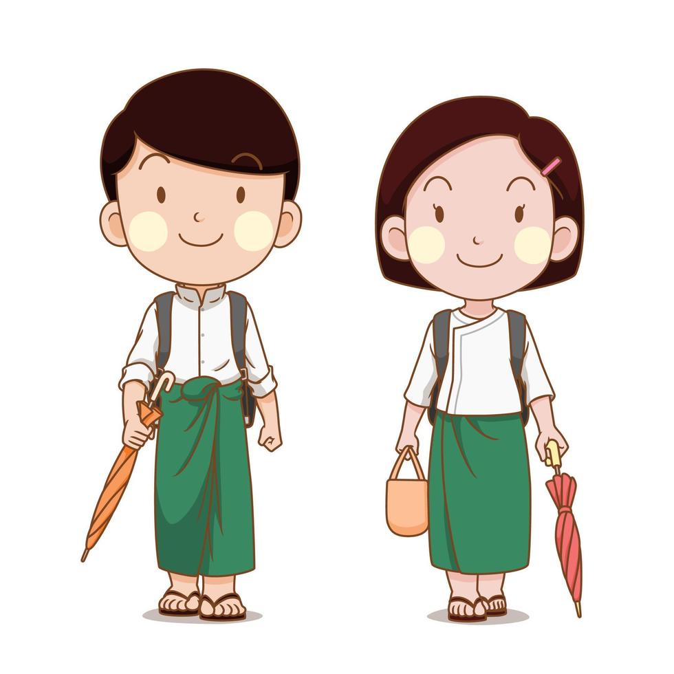 linda pareja de estudiantes de myanmar que van a la escuela. vector