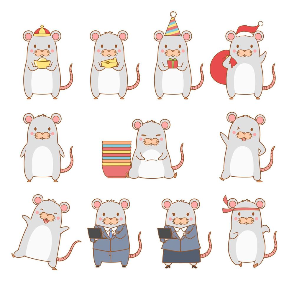 Set of cartoon rat in different poses. Year of the rat. vector