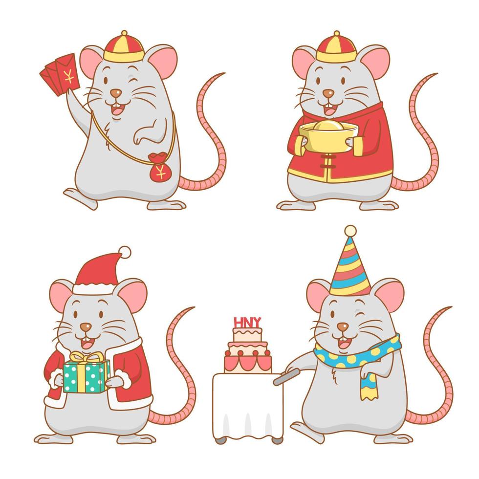 Set of cute cartoon rats for New year, year of the rat. vector