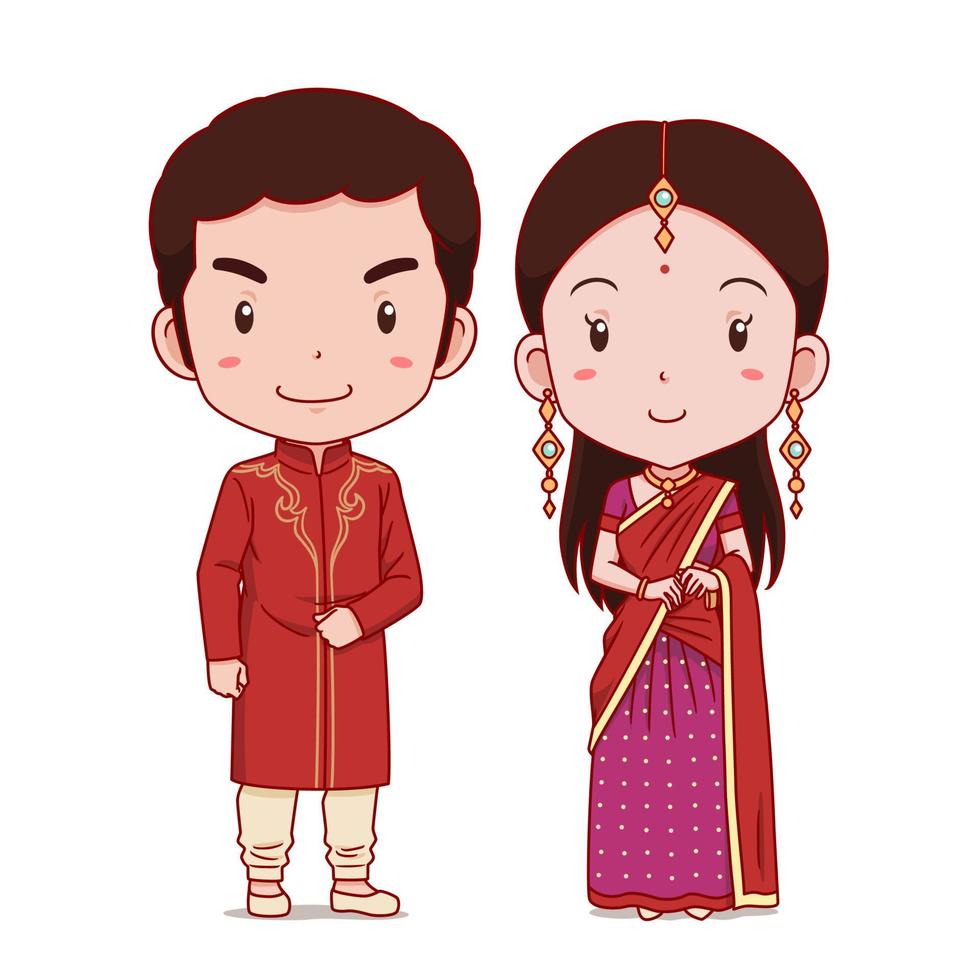 Couple of cartoon characters in India traditional costume. vector