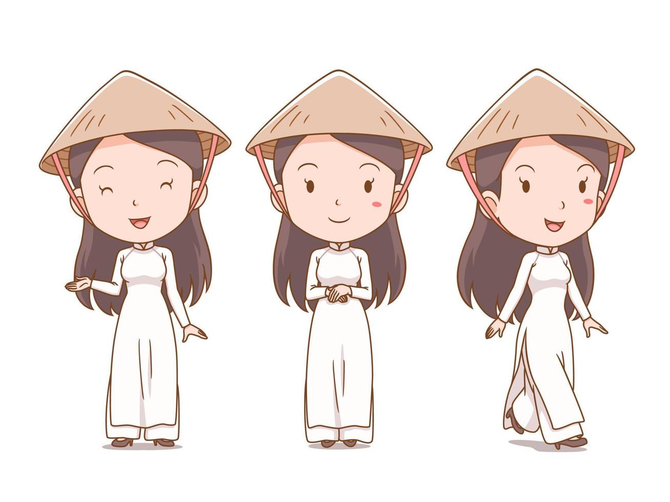 Set of cartoon Vietnamese girl in traditional costume. vector